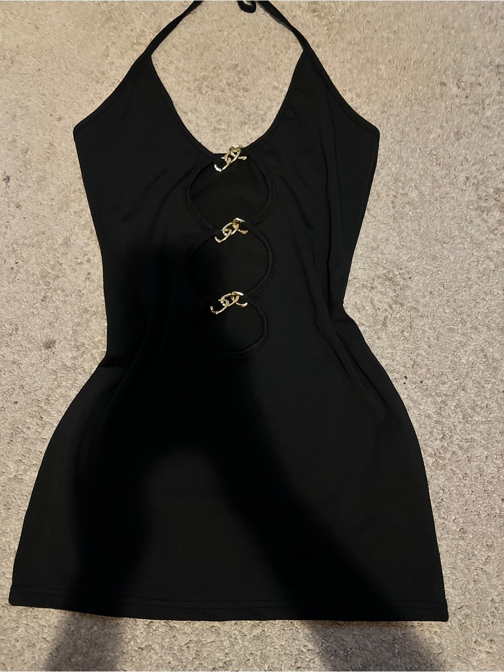 Black Halter Mini Dress with Gold Ring Accents